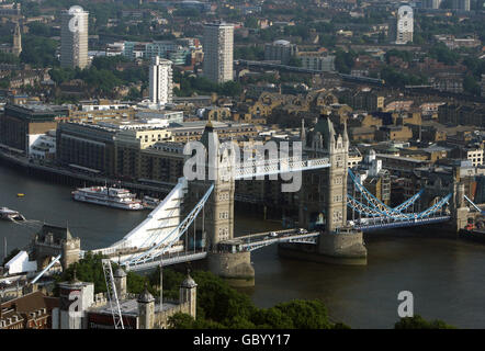 General view of Tower Bridge, London, as seen from the top of the Swiss Re building, also known as 'the Gherkin' Stock Photo