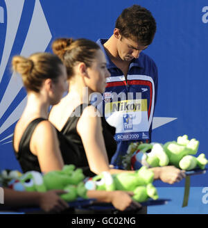 USA's Michael Phelps waits to collect his silver medal, after his second place in the Men's 200m Freestyle final during the FINA World Swimming Championships in Rome, Italy. Stock Photo