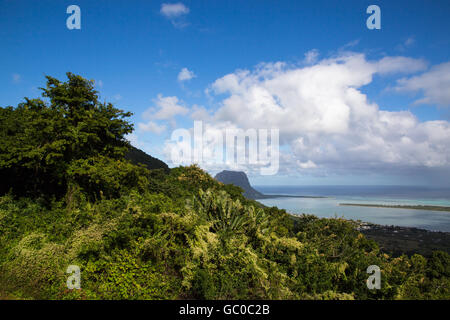 View on Le Morne Mauritius from Plaine Champagne. Stock Photo
