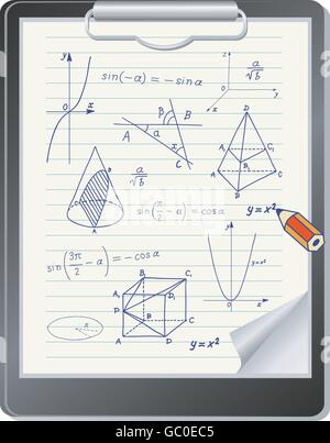 Clipboard with mathematics geometric shapes and expressions sketches Stock Vector
