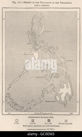 Density of the population of the Philippines, 1885 antique map Stock Photo