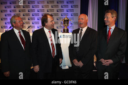 (Left to right) Commercial Director Paul Vaughan, Chief Executive Francis Bacon, Tournament Director Terry Burwell and Finance Director Nick Eastwood stand with the Webb Ellis Trophy during the 2015 and 2019 Rugby World Cup announcement at the Burlington Hotel, Dublin. Stock Photo
