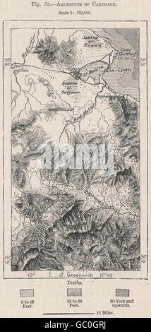 Aqueducts of Carthage. Tunisia, 1885 antique map Stock Photo