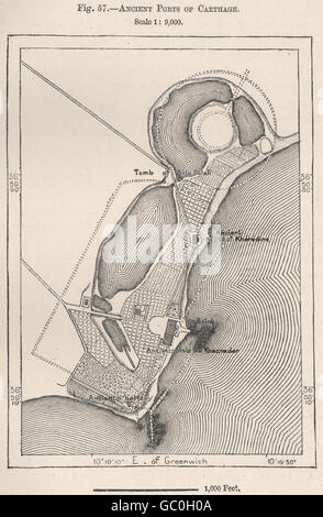 Ancient Ports of Carthage. Tunisia, 1885 antique map Stock Photo