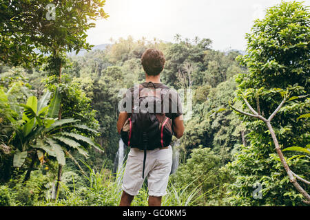 Rear view shot of man with backpack standing on a cliff looking at waterfall. Male hiker admiring the landscape in forest. Stock Photo