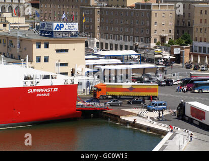 View of vehicles boarding Superfast XII Ferry at Ancona Port from onboard Minoan Lines Ferry Cruise Olympia Stock Photo