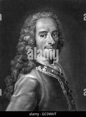 Voltaire (François-Marie Arouet: 1694-1778), portrait of the French Enlightenment writer and philosopher.  Engraving by Jean François  Pourvoyeur from a painting by Maurice Quentin de La Tour, printed in 1881. Stock Photo
