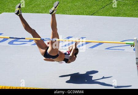 Great Britain's Jessica Ennis smiles as she clears 1.92m to win the High Jump in the Womens Heptathlon during the IAAF World Championships at the Olympiastadion, Berlin. Stock Photo