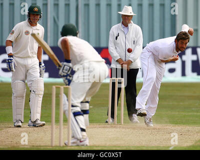 England's Liam Plunkett bowls at Australia's Michael Hussey during the Tour match at the St Lawrence Ground, Canterbury. Stock Photo