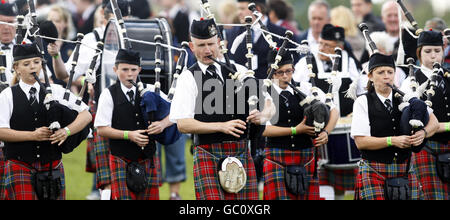 World Pipe Band Championship - Glasgow. Pipers in Glasgow Green in Glasgow during the World Pipe Band Championship. Stock Photo