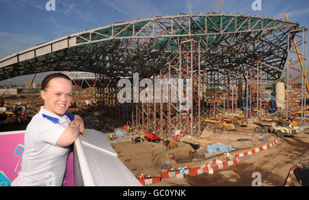 Eleanor Simmonds visits the Olympic Park. Paralympian double gold medallist Ellie Simmonds views the Olympic Park and Aquatic Centre at Stratford in London. Stock Photo