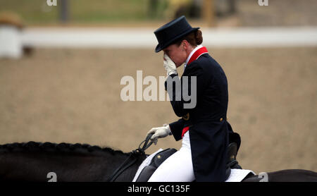 Great Britain's Emma Hindle riding Lancet helps the team secure silver medal in the team and individual competition during day two of The European Show Jumping and Dressage Championships, Windsor. Stock Photo