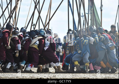 Members of the Sealed Knot - the largest re-enactment Society in Europe, re-enact famous battles of the English Civil War on the seafront in Weston-super-Mare. Stock Photo