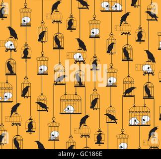 Halloween vector continuous repeat pattern with ravens, cages and skulls on an orange background with black and white Stock Vector