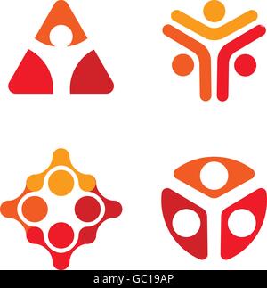 Isolated red and white color decorative vector logo set. Unusual human silhouette logotypes collection. Geometric figures icons. Triangular,rhombic,round shape signs. Stock Vector