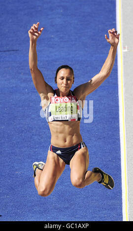 Great Britain's Jessica Ennis in the Long Jump event of the Womens Heptathlon during the IAAF World Championships at the Olympiastadion, Berlin. Stock Photo