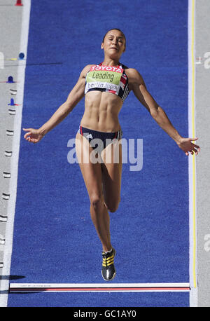 Great Britain's Jessica Ennis in the Long Jump event of the Women's Heptathlon during the IAAF World Championships at the Olympiastadion, Berlin. Stock Photo