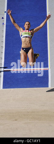 Great Britain's Jessica Ennis in the Long Jump event of the Women's Heptathlon during the IAAF World Championships at the Olympiastadion, Berlin. Stock Photo