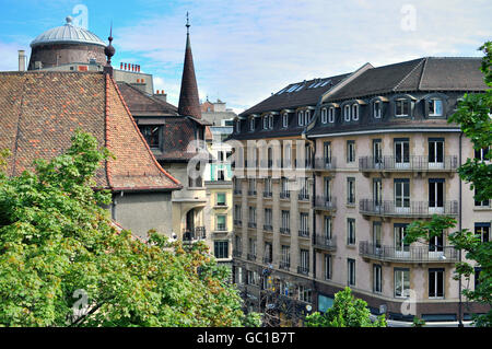 GENEVA, SWITZERLAND - AUGUST 17: View of buildings in city centre of Geneva on August 17, 2015. Geneva is the second largest cit Stock Photo