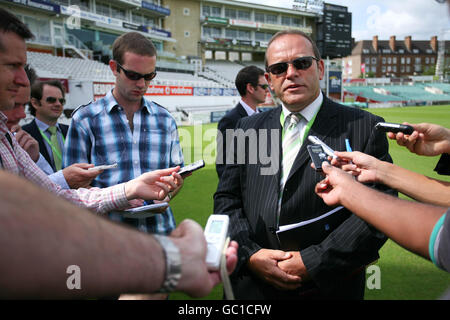 Cricket - Preparing the Pitch at the Brit Oval. Clive Stephens is questioned by the media as he introduces techniques for preparing the pitch for the Ashes at the Brit Oval. Stock Photo