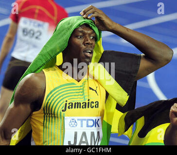 Jamaica's Usain Bolt celebrates after his team won the 4x100m Relay during the IAAF World Championships at the Olympiastadion, Berlin. Stock Photo