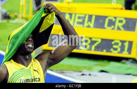 Jamaica's Usain Bolt celebrates after his team won the 4x100m Relay during the IAAF World Championships at the Olympiastadion, Berlin. Stock Photo