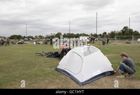 Climate change protesters begin setting up the Climate Camp on Blackheath, London. Stock Photo