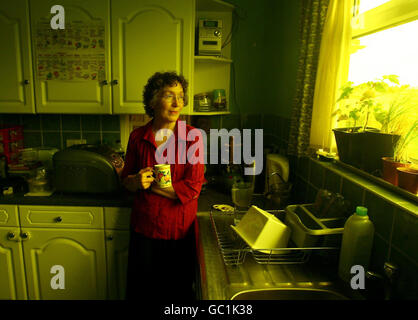 Brenda Ryder who was diagnosed with Lupus, a light sensitive condition, stands next to the kitchen window at her home in Godshill on the Isle of Wight. The windows at her home are covered with Derma Guard and Amber blinds to filter out UV and blue light which can trigger dark rashes and vomiting which can last for weeks. Stock Photo