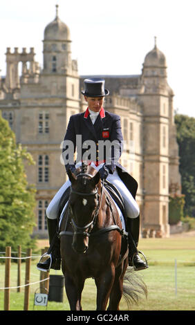 Great Britain's Zara Phillips and Glenbuck make their way to the Dressage Ring during day two of the Burghley Horse Trials, Burghley House, Stamford. Stock Photo