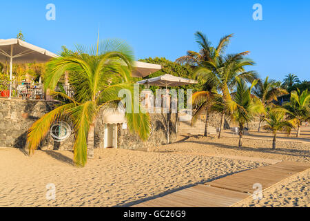 Palm trees on exotic El Duque beach in Costa Adeje town, Tenerife, Canary Islands, Spain Stock Photo