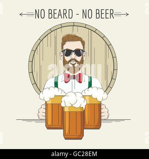 Hipster bartender with beer mugs against beer barrel and lettering No Beard No beer. Craft Beer pub design element. Stock Vector