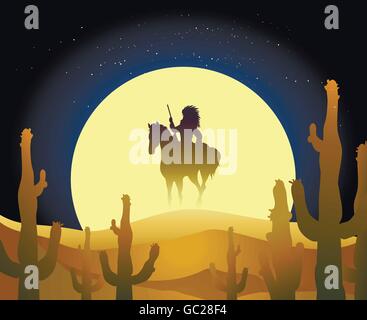 Native American ride a horse against full moon in the desert. Stock Vector
