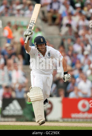 England's Jonathan Trott celebrates reaching his century during the fifth npower Test Match at the Oval, London. Stock Photo