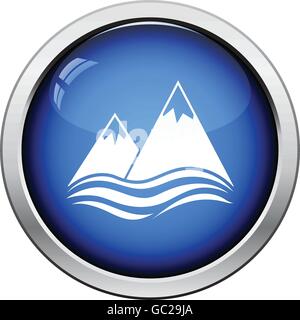 Snow peaks cliff on sea icon. Glossy button design. Vector illustration. Stock Vector