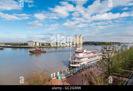 An old fashioned paddle wheel boat on the Savannah River in Georgia Stock Photo