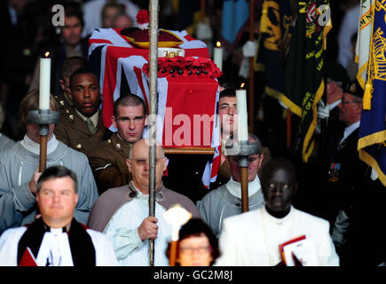 The coffin of Lance Corporal James Fullarton of 2nd Battalion, The Royal Regiment of Fusiliers is carried during the funeral at Coventry Cathedral. Stock Photo