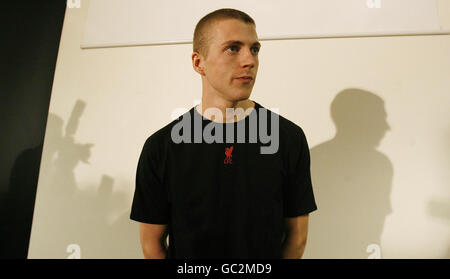 Michael Shields during a press conference held at the Liverpool Echo and Daily Post Newspaper Offices after the Liverpool fan was released from prison on a royal pardon. Stock Photo