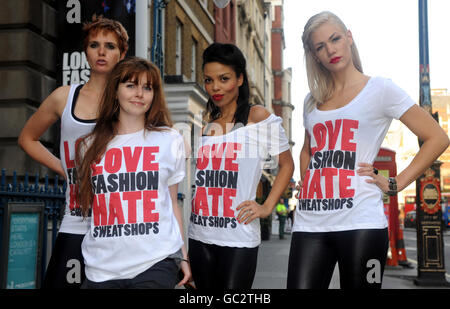 Models (from left to right) Lucy Fizz, Stacey Dooley, Emma Dabiri and Vanessa Knight launch War on Want's Love Fashion Hate Sweatshops campaign outside London Fashion Week's main venue - The BFC tent, at Somerset House, central London. Stock Photo