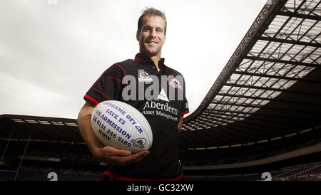 Edinburgh full-back Chris Paterson promotes the new Any Game voucher offer designed to encourage supporters to pre-purchase Adult tickets ahead of the Connacht game during a photo call at Murrayfield Stadium, Edinburgh. Stock Photo