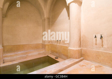 Riad Caravanserai, bathroom with Moroccan plaster walls technique called tadelakt, Marrakesh, Morocco, Africa Stock Photo