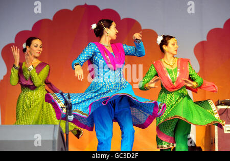 Dancers on stage in Trafalgar Square for the annual Diwali festival of Light celebrations. Stock Photo