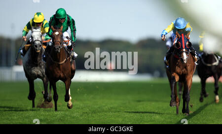 Askar Tau (r) ridden by Ryan Moore beats Geordieland (l) and Darley Sun to win The DFS Doncaster Cup Stock Photo