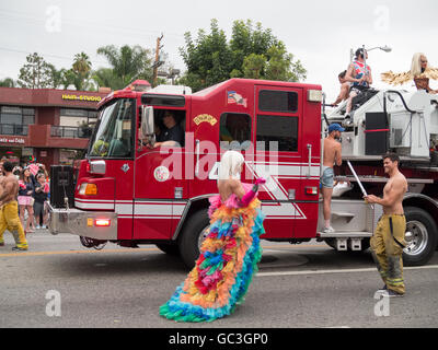 Drag Queen and Go-go boys in firetruck in LA Pride Parade 2016 Stock Photo