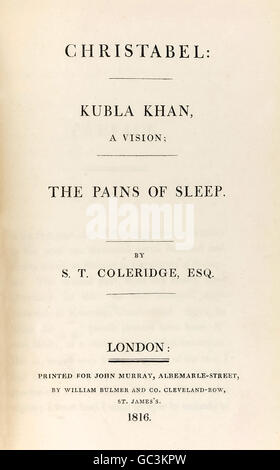 Title page from ‘Christabel: Kubla Khan, A Vision; The Pains of Sleep.’ by Samuel Taylor Coleridge (1772-1834) pamphlet published in 1816; Kubla Khan is a poem composed in one night after an opium-influenced dream. See description for more information. Stock Photo