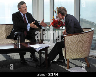 Prime Minister Gordon Brown, left, talks with Andrew Marr on BBC1's Andrew Marr show in Brighton ahead of the Labour Party Annual Conference. Stock Photo