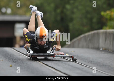 Winter Olympics - Great Britain Skeleton Media Day - University of Bath. Great Britain Skeleton Bob team member Donna Creighton practices her run during the Skeleton media day at the University of Bath, Bath. Stock Photo