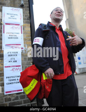 Striking postal workers outside a sorting office in Islington, north London today on the second day of a two day nationwide strike. Stock Photo