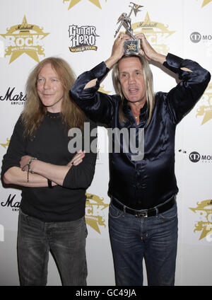 Nicko McBrain (right) and Janick Gers from Iron Maiden, who received the Band of the Year Award at the Classic Rock Roll Of Honour Awards at the Park Lane Hotel, central London. Stock Photo