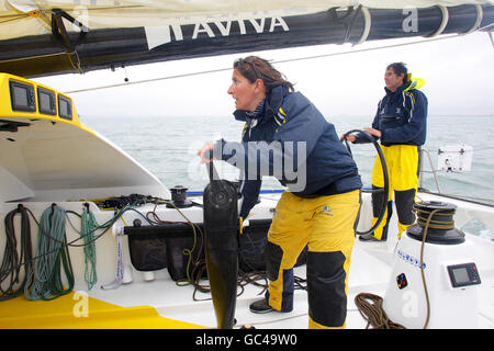 British sailing duo Dee Caffari and Brian Thompson onboard the Open 60 racing yacht Aviva ahead of the start of the ninth edition of the Transat Jacques Vabre race from France to Costa Rica on Sunday November 08. Stock Photo