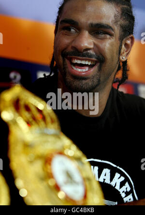 New WBA Heavyweight boxing Champion England's David Haye in press conference after beating Russian Nikolai Valuev on points in a WBA World Heavyweight Title bout at the Nuremberg Arena, Germany. Stock Photo